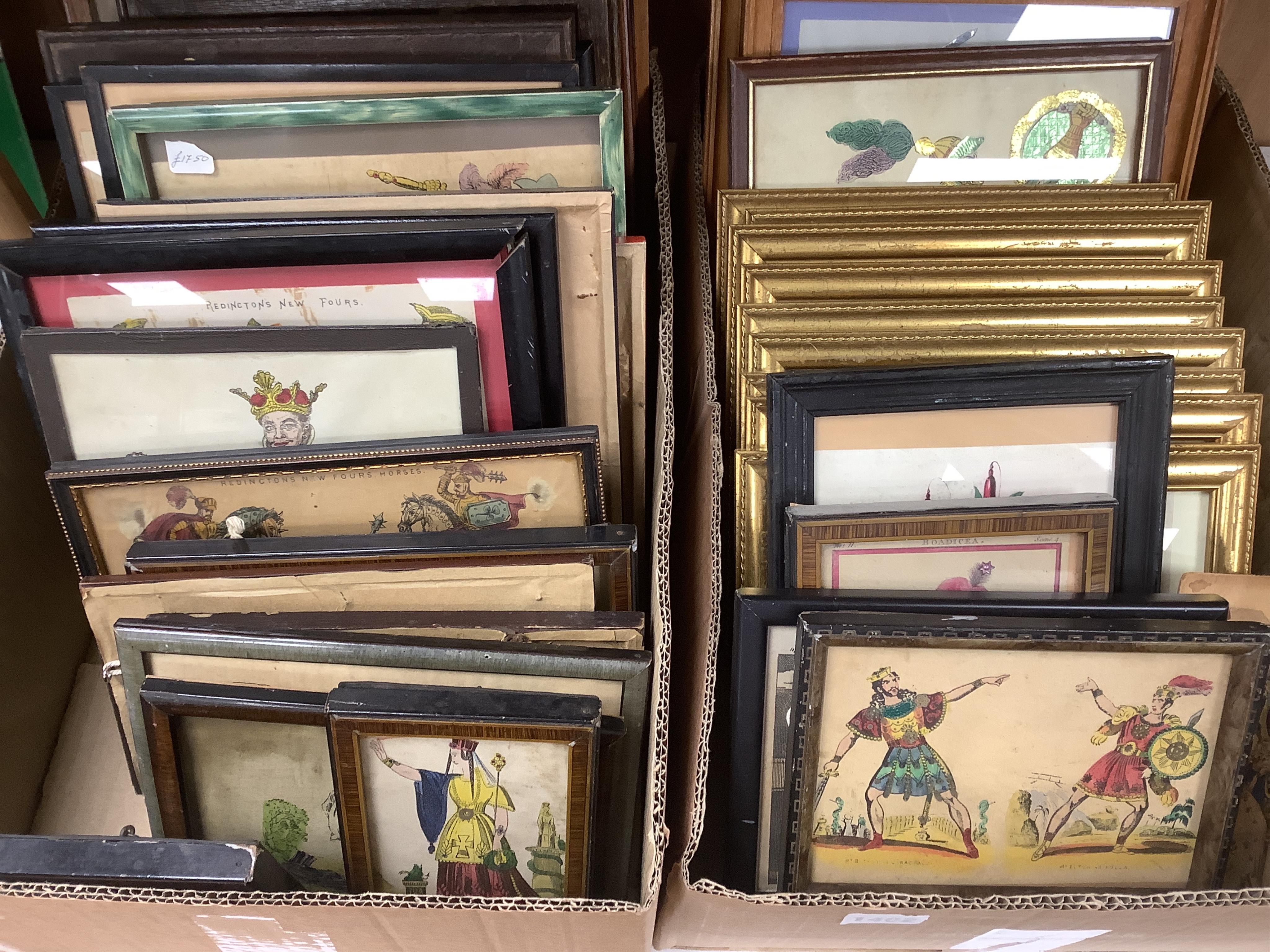 Juvenile drama, a collection of hand coloured toy theatrical prints, some foiled, including designs by Skelts, Lloyd etc., framed and glazed, (two boxes)